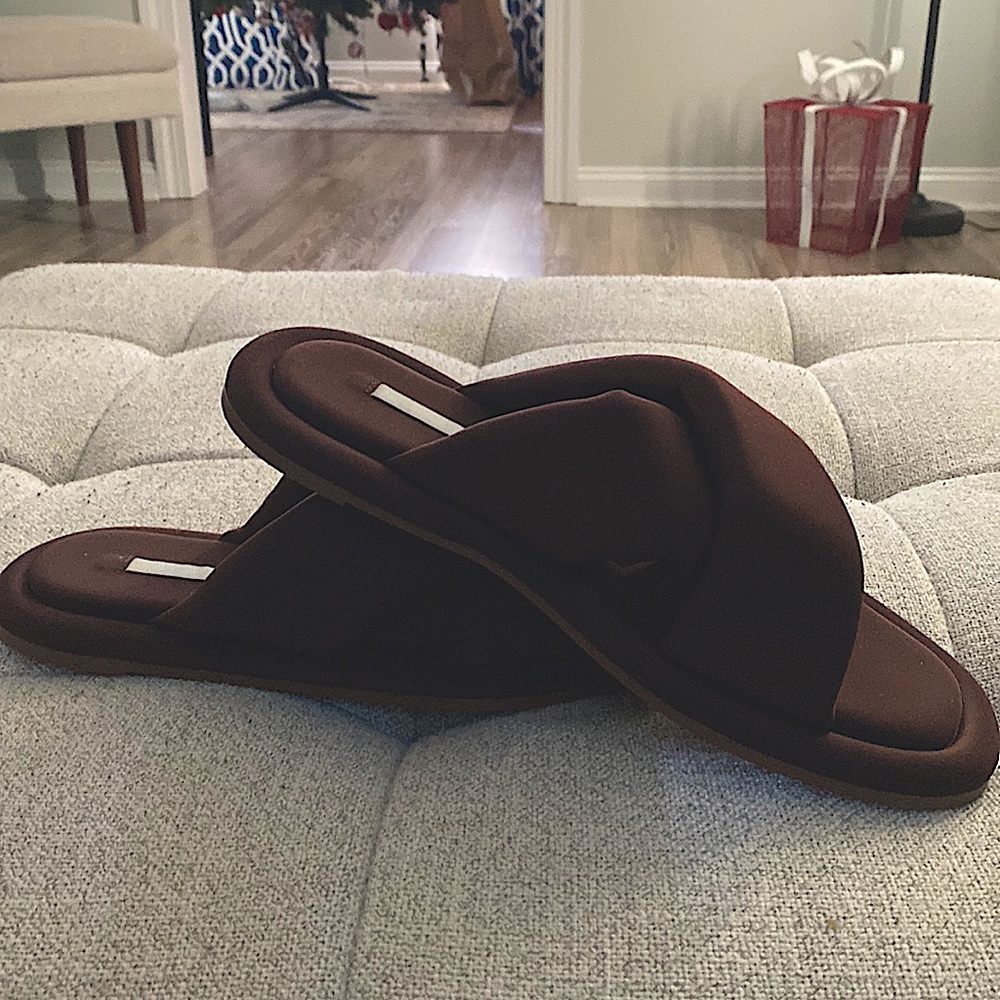 Zara brown satin sandals slip on. Very comfortable and soft.